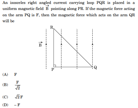 An isosceles right angled current carrying loop PQR is placed in a 